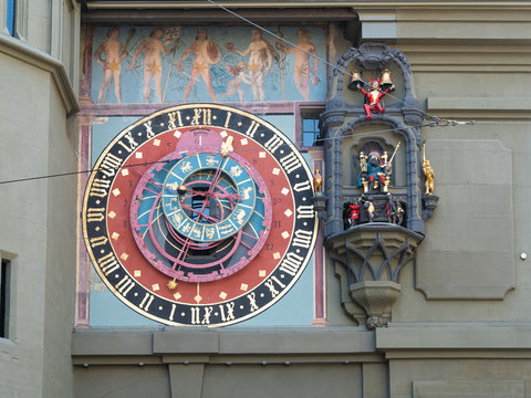 Close-up view of Zeitglockenturm or Zytglogge clock tower in Bern old town Switzerland