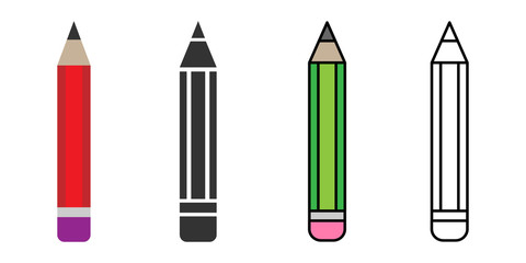 Pencil icon. School pencil in flat, line and colorful styles. Different style icons set. Isolated Symbol, logo illustration