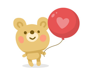 Vector color illustration of beautiful cartoon happy bear with big red balloon on white background.
