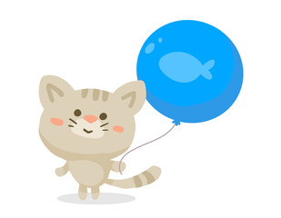 Vector color illustration of cute gray cartoon happy cat with big blue balloon on white background.