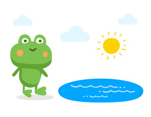Vector color illustration of nice green cartoon frog with blue lake and yellow sun on white background.