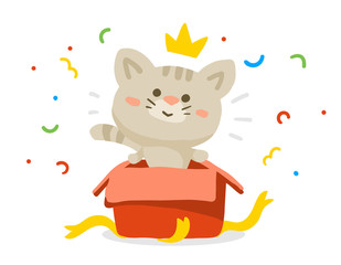 Vector color illustration of cute gray cartoon happy cat with crown in open gift box with confetti on white background.