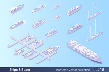 Isometric Flat 3D Water Transport Vehicle vector collection: 
Cargo Barge, Sailboat, Ship, Boat, Yacht