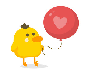 Vector color illustration of nice yellow cartoon chick with big red balloon on white background.