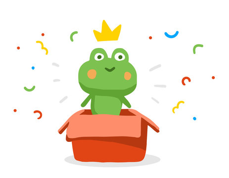 Vector color illustration of nice green cartoon frog with crown in open gift box with confetti on white background.