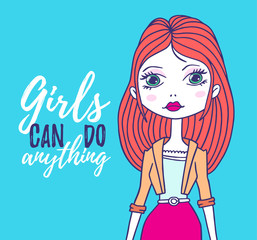 Vector illustration of close up fashion girl in blouse, skirt, jacket with long hair on blue color background with text.