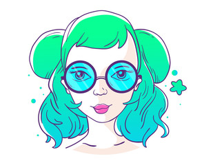 Vector illustration of portrait of a beautiful girl with green gradient hair and blue glasses on white background.