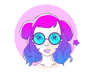 Vector illustration of portrait of a beautiful girl with colorful gradient hair and green glasses in frame on white background