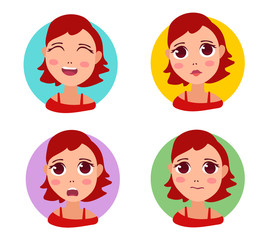 Vector set of illustration of portrait of a beautiful girl with big eyes in different emotions on white background.