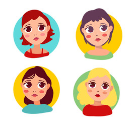 Vector set of illustration of portrait of a beautiful thoughtful and shy girl with big eyes and colorful hair in circle frame on white background.
