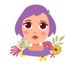 Vector illustration of portrait of a beautiful dreaming girl with big eyes and flower on white background.