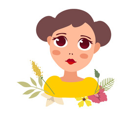 Vector illustration of portrait of a beautiful thoughtful and sad girl with big eyes, brown hair, yellow blouse and flower on white background.