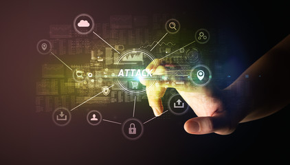 Hand touching ATTACK inscription, Cybersecurity concept