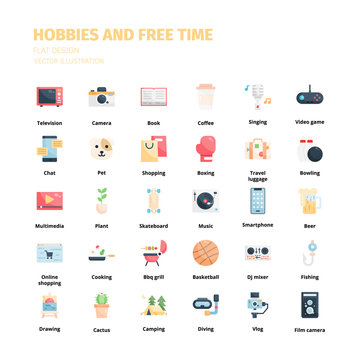 Hobbies and free time icons. Hobbies and free time flat icon set. Icon for website, application, print, poster design, etc.