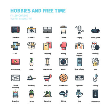 Hobbies and free time icons. Hobbies and free time filled outline icon set. Icon for website, application, print, poster design, etc.