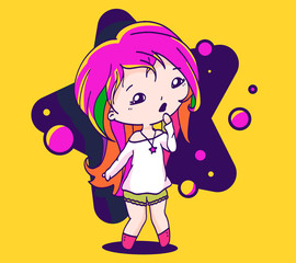 Vector illustration of a beautiful girl with color hair and big blue star on yellow background.