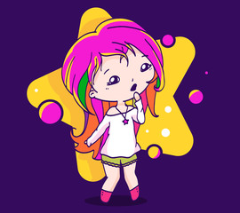 Vector illustration of a romantic girl with bright hair on dark background with big yellow star.