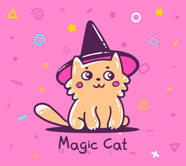 Vector halloween illustration of a cute cat with hat on pink background.