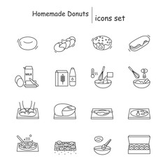 Homemade donuts icons set. Deep fried donuts and bread home baking instruction linear pictogram. Concept of fresh and tasty bakery and pastry recipe. Editable stroke vector illustrations for cookbook
