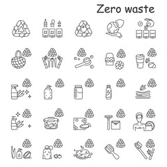 Zero waste icons set. Trash sorting, recycling and reuse linear pictograms. Reusable, eco friendly, package and plastic alternative, natural cosmetics concept. Editable stroke vector illustrations