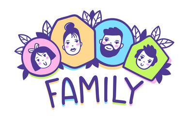 Vector illustration of happy family. Head of people in color frame with leaves on white background with text.