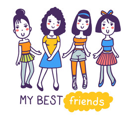 Vector illustration of group of beautiful girl in color casual clothes on white background with text.