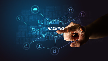 Hand touching HACKING inscription, Cybersecurity concept