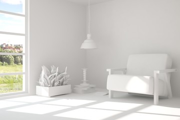 Stylish room in white color with armchair and green landscape in window. Scandinavian interior design. 3D illustration
