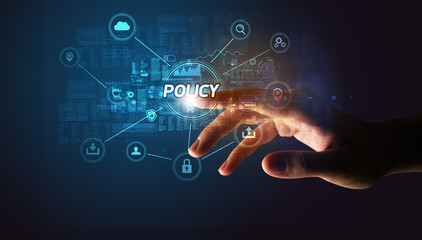 Hand touching POLICY inscription, Cybersecurity concept