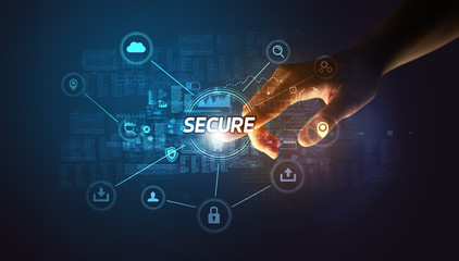 Hand touching SECURE inscription, Cybersecurity concept