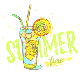 Summer poster with fresh cocktail and text. Vector illustration of tasty beverage with orange, straw, frozen ice cube