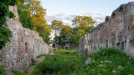 Fototapeta na wymiar Ruins of an Ancient Medieval Castle Dobele Latvia. the Historical Region of Zemgale, in Latvia, Was Built in 1335 by the Livonian Ordern.