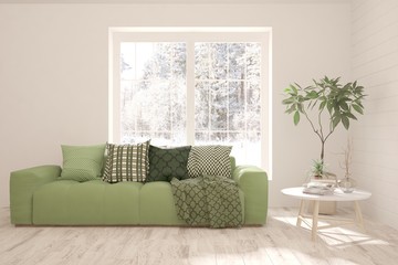 White stylish minimalist room with sofa and winter landscape in window. Scandinavian interior design. 3D illustration