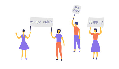 Women are fighting for gender equality. Female movement for equality and justice. Feminists with posters at rally. Flat vector illustration