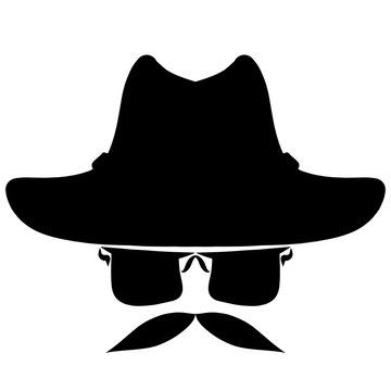 silhouette of hat, glasses and mustache for spy or detective