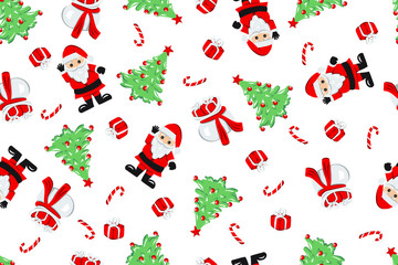 seamless vector Christmas pattern Santa Claus gifts lollipops trees