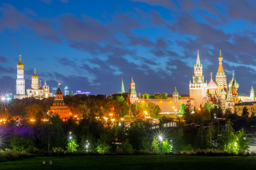 Moscow cityscape at night with Cathedral of Vasily the Blessed (Saint Basil's Cathedral), towers of Moscow Kremlin and Ivan the Great Bell Tower, Moscow, Russia
