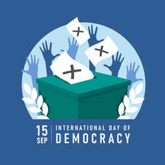 Obraz premium international day of democracy banner with ballot dropped into a box and hands was raised vector design