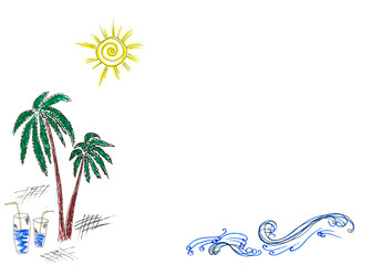 Fototapeta na wymiar Palm tree, sun, drinks. Tropical Beach, Vacation Sketchy Notebook Doodles. Watercolor illustration on white background