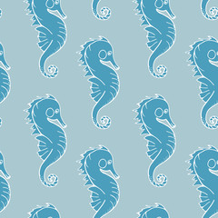 Blue silhouette of a sea Horse on a blue background. Outline ocean animal illustration for nursery t shirt,kids apparel,party and baby shower invitation.Vector seamless pattern. Save ocean concept.