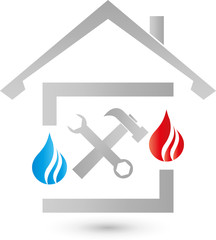 Haus, Wassertropfen, Flamme, Werkzeuge, Installateur, Klempner, Logo