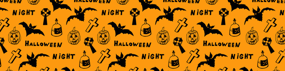 Halloween vector illustration. Hand drawn long pattern. Spooky elements for banner, poster, invitation or festive decoration