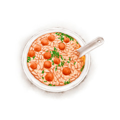 Watercolor Illustration of Chinese Cuisine - Oil Tea, made with Gu Yu tea, ginger, garlic, peanuts, fried rice, fried soybeans and scallion, taste a little bitter, fragrant and salty | 恭城油茶