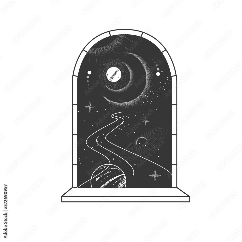 Wall mural magic witchcraft open window silhouette with full moon on outer space background. vector illustratio