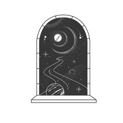 Magic witchcraft open window silhouette with full moon on outer space background. Vector illustration