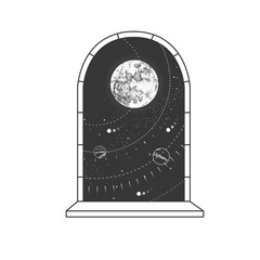 Magic witchcraft open window silhouette with full moon on outer space background. Vector illustration