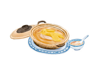 Watercolor Illustration of Chinese Cuisine - Shark Fin in Chicken Soup en Casserole | 鸡包翅