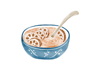 Watercolor Illustration of Chinese Cuisine - A bowl of lotus root soup with a wooden spoon inside | 莲藕汤