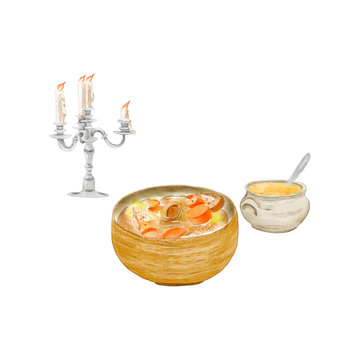 Watercolor Illustration of a Cuisine - Thick soups and stews (Candles in the background)