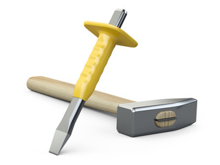 Steel chisel with rubber safety sleeve and large hammer with wooden handle.